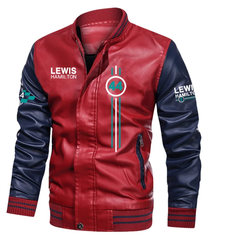 Ретро мъжко яке-бомбер с логото на Lewis Hamilton F1, есенна ежедневни мотоциклетът яке от изкуствена кожа, байкерские кожени палта, марка дрехи на европейския размер Изображение 2