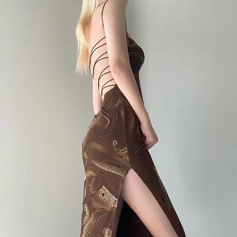 Рокли Zevity vintage Spicy Момиче с принтом отворена на гърба, една елегантна жена, сексуална лято 2023, ново официална вечерна дълга рокля с цветен модел. Изображение 2
