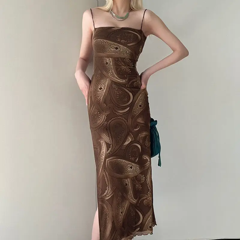 Рокли Zevity vintage Spicy Момиче с принтом отворена на гърба, една елегантна жена, сексуална лято 2023, ново официална вечерна дълга рокля с цветен модел. Изображение 3