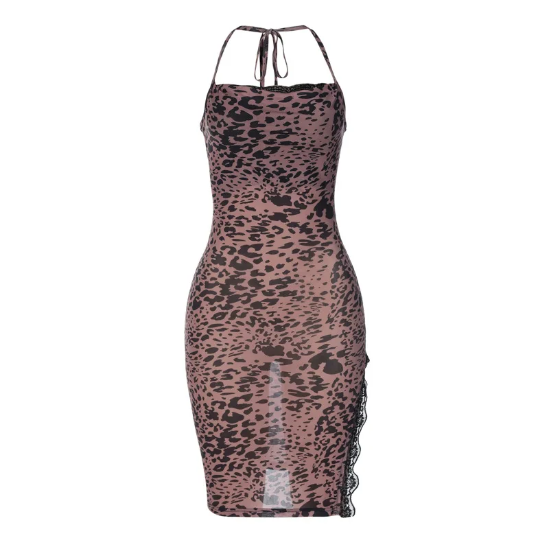 Рокли за жени 2023, мини-секси сетчатое рокля с дантелено леопардовым принтом, рокля с подвешенным деколте, Дамски официални рокли, Тънък пуловер L44 Изображение 4