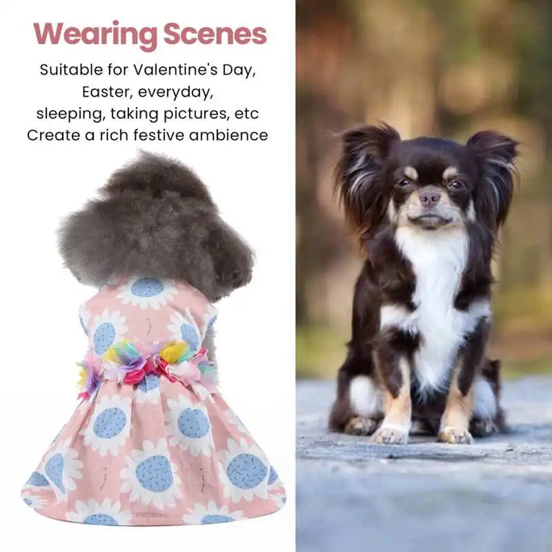 Рокля за кучета, мек дышащее сладко модно лятна рокля за кученца с флорална декорация за дневна партита Изображение 2