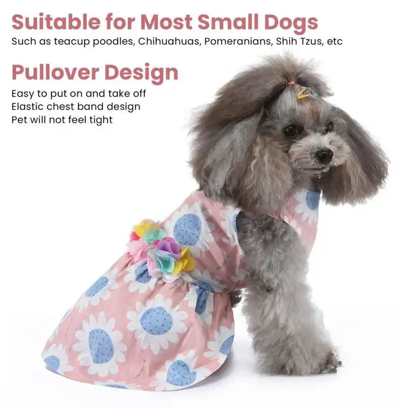 Рокля за кучета, мек дышащее сладко модно лятна рокля за кученца с флорална декорация за дневна партита Изображение 3