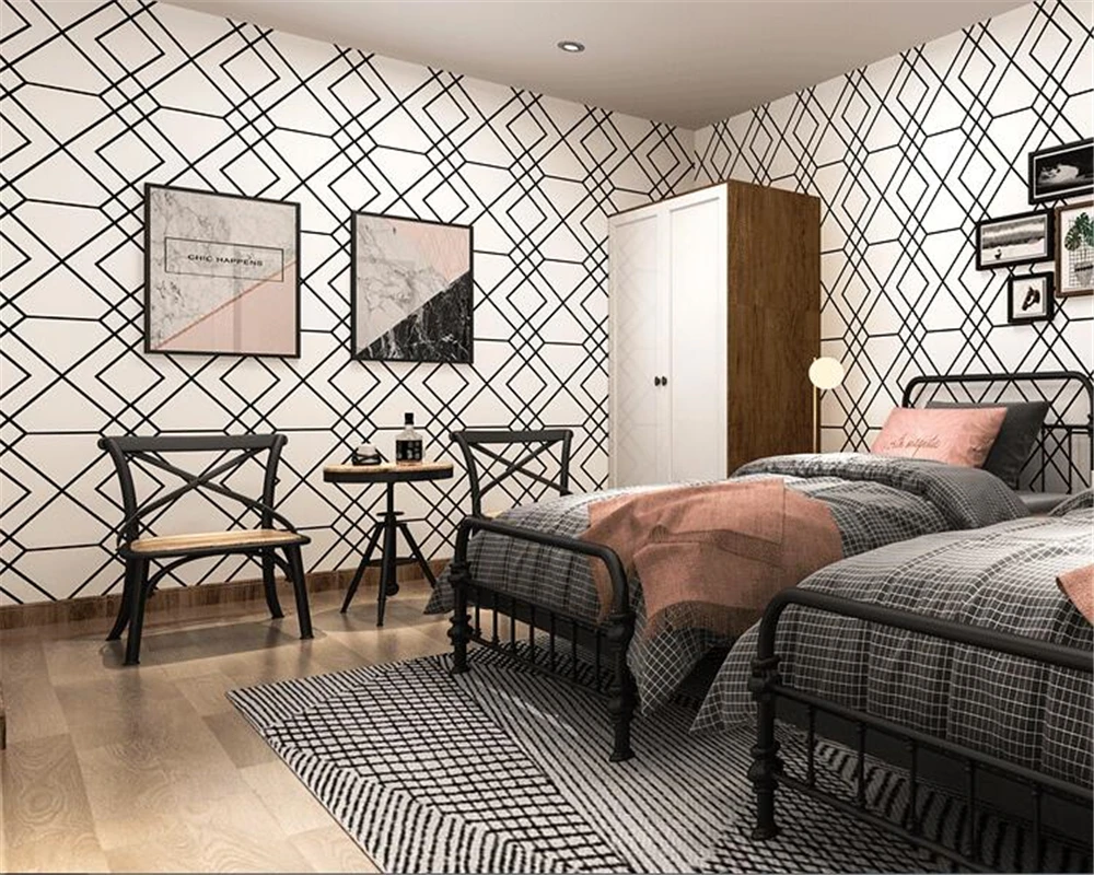 ролка тапет beibehang в черно-бялата клетка с геометричен дизайн, интериор, спалня, всекидневна, модерни минималистичные тапети на райета Изображение 0