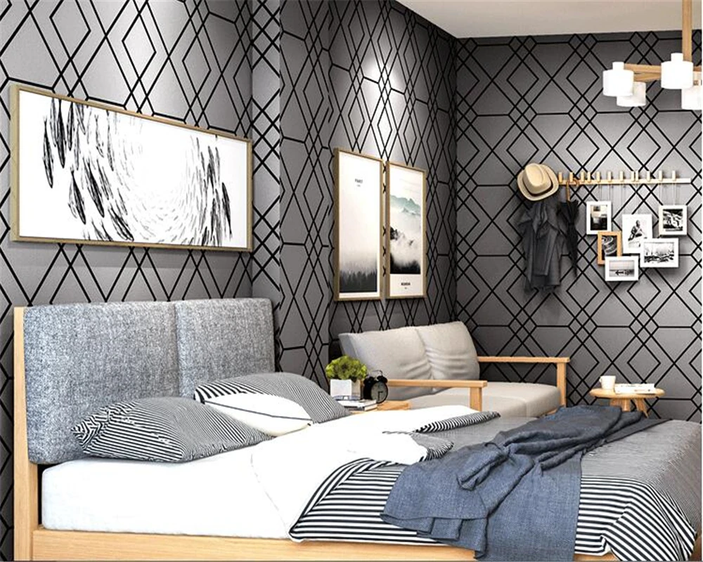 ролка тапет beibehang в черно-бялата клетка с геометричен дизайн, интериор, спалня, всекидневна, модерни минималистичные тапети на райета Изображение 2