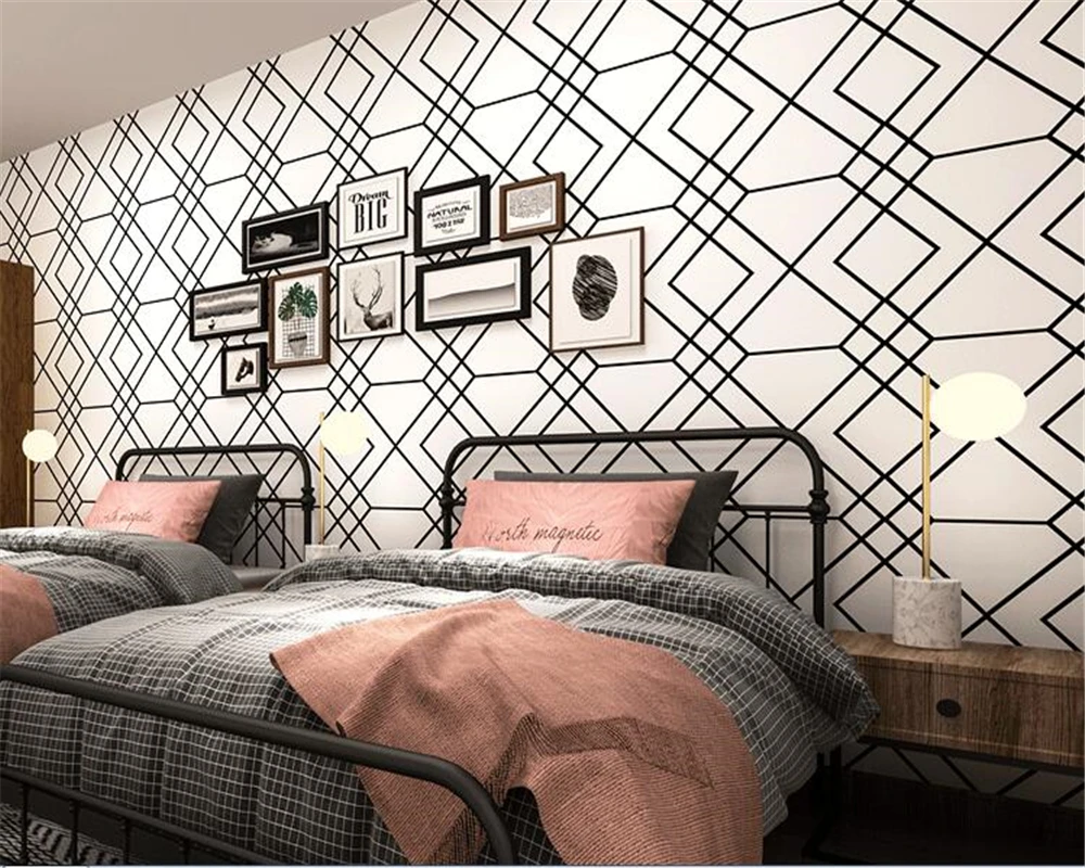 ролка тапет beibehang в черно-бялата клетка с геометричен дизайн, интериор, спалня, всекидневна, модерни минималистичные тапети на райета Изображение 5
