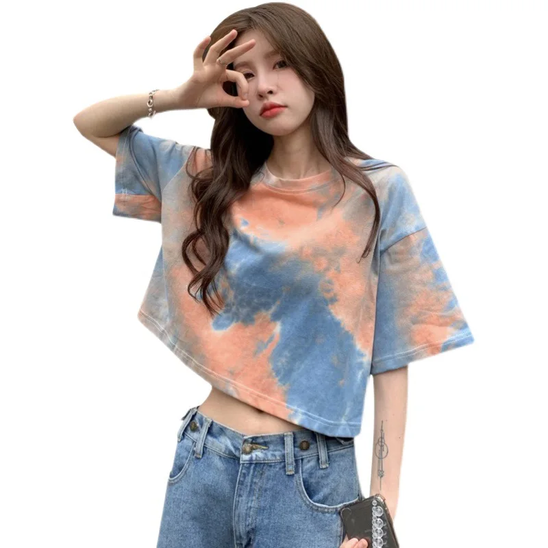 Свободна тениска с къси ръкави в стил ретро Y2k, съкратен топ, модни градинска тениска в корейски стил, дамски дрехи 2023 Изображение 5