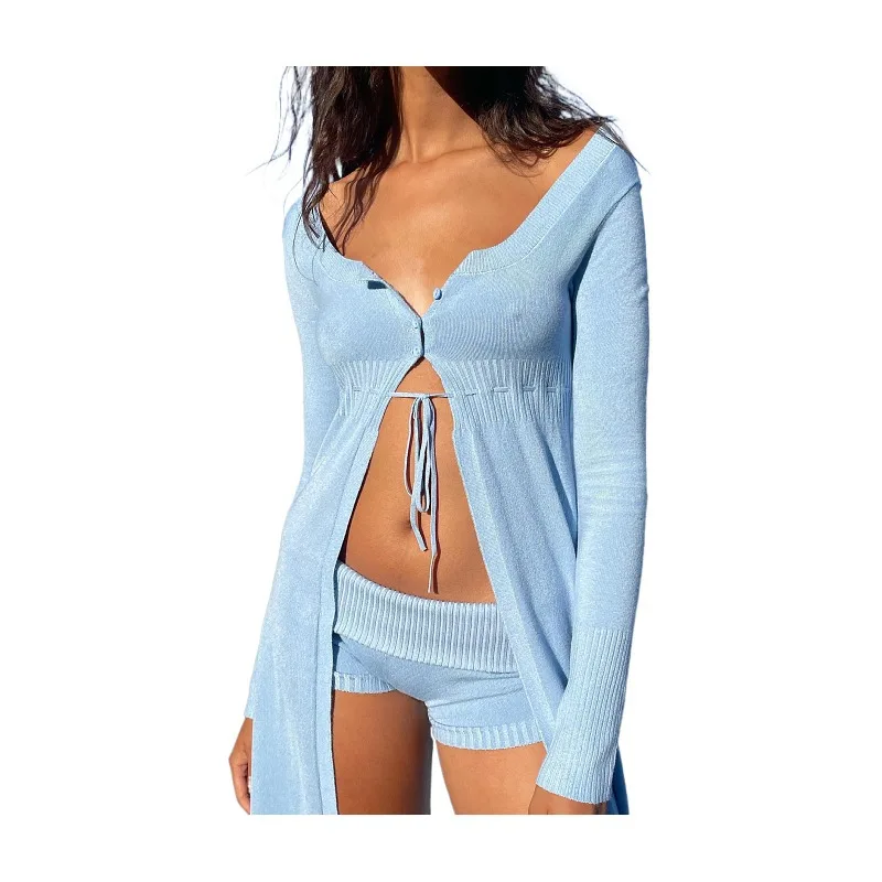 Син цвят, модни възли дълги жилетки, лятно плажен стил, пуловер с дълги ръкави и Панталони Изображение 4