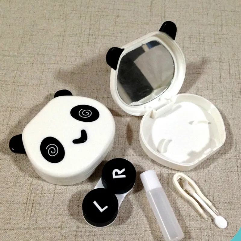 Сладък калъф за контактни лещи с пандой Бял цвят с огледало, Преносима кутия за контактни лещи подарък Изображение 1