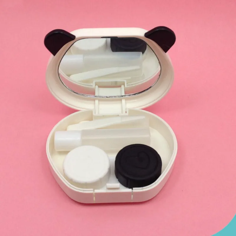 Сладък калъф за контактни лещи с пандой Бял цвят с огледало, Преносима кутия за контактни лещи подарък Изображение 2