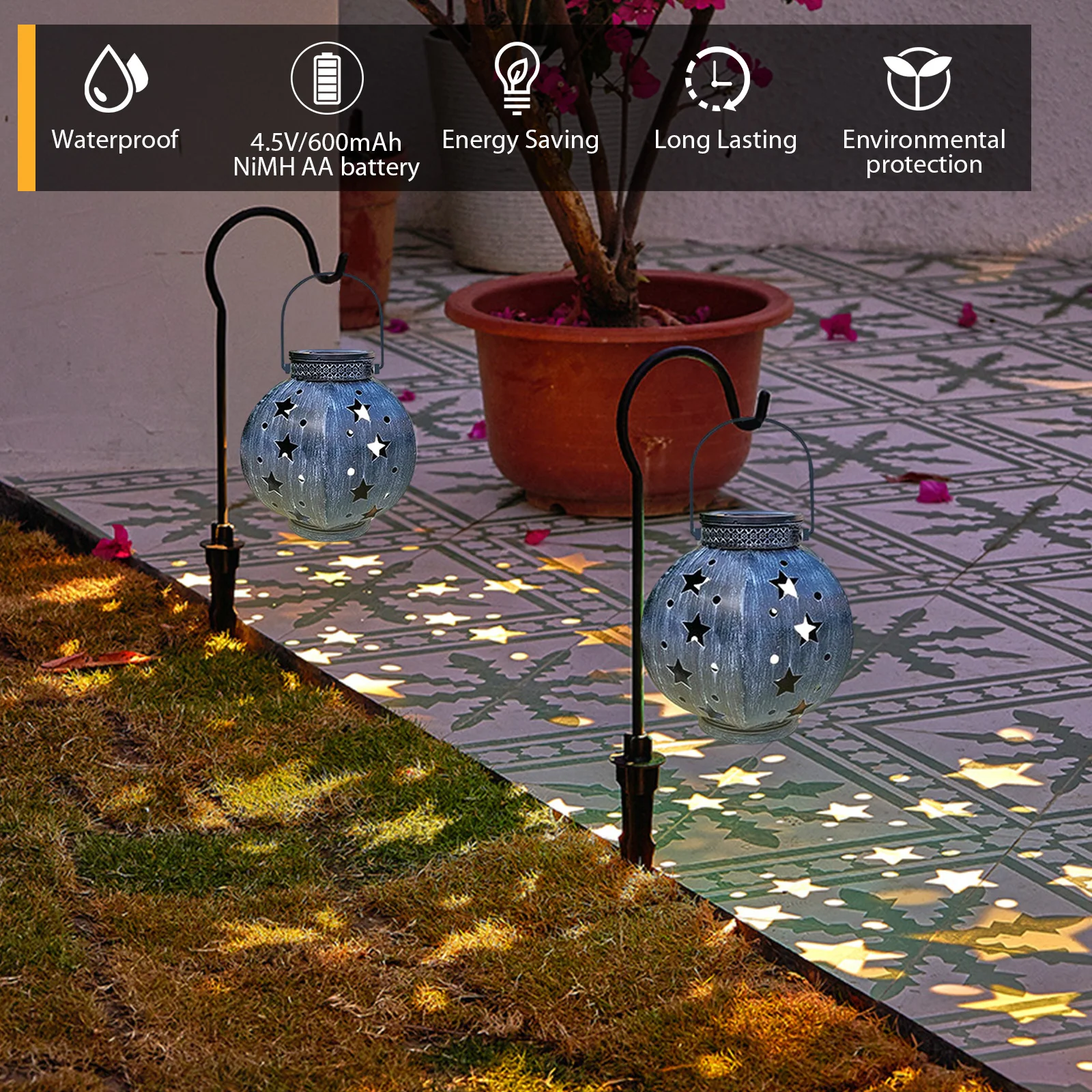 Слънчеви градински фенери, Подвесная Звездна проекция, led светлина за косене на трева, ретро-куха водоустойчив осветление IP64, Декорация на двора и градината Изображение 3