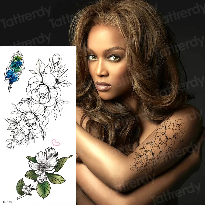 стикер с татуировка, женски скица, цвете, временна татуировка, роза, божур, виолетов цвят, татуировки, скици триъгълници, татуировки Изображение 0