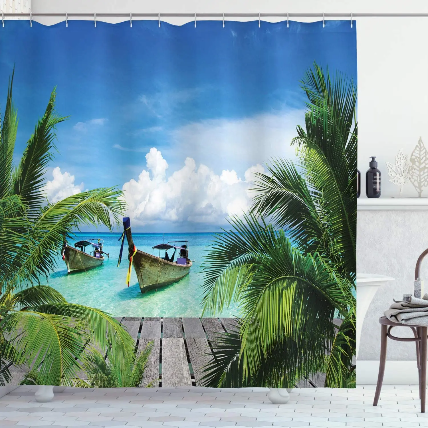 Тропически душ завеса за душ, плажа и тропическо море, Дървена палуба, плаващи на лодка, Слънчев идиличен дневен декор за баня, комплект с куки Изображение 0