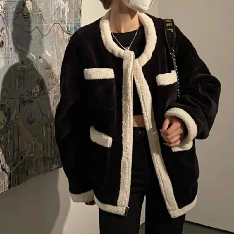 Удебелена руното яке от овча вълна, дамски модни контрастная дамско яке с кръгло деколте, зимна безплатен топъл женски топ с дълъг ръкав Изображение 0