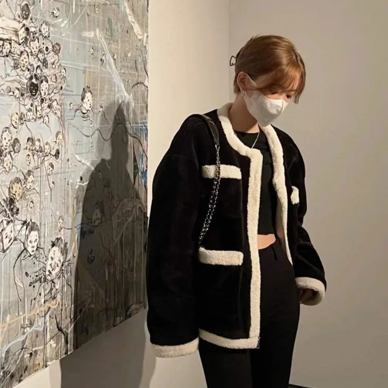 Удебелена руното яке от овча вълна, дамски модни контрастная дамско яке с кръгло деколте, зимна безплатен топъл женски топ с дълъг ръкав Изображение 1