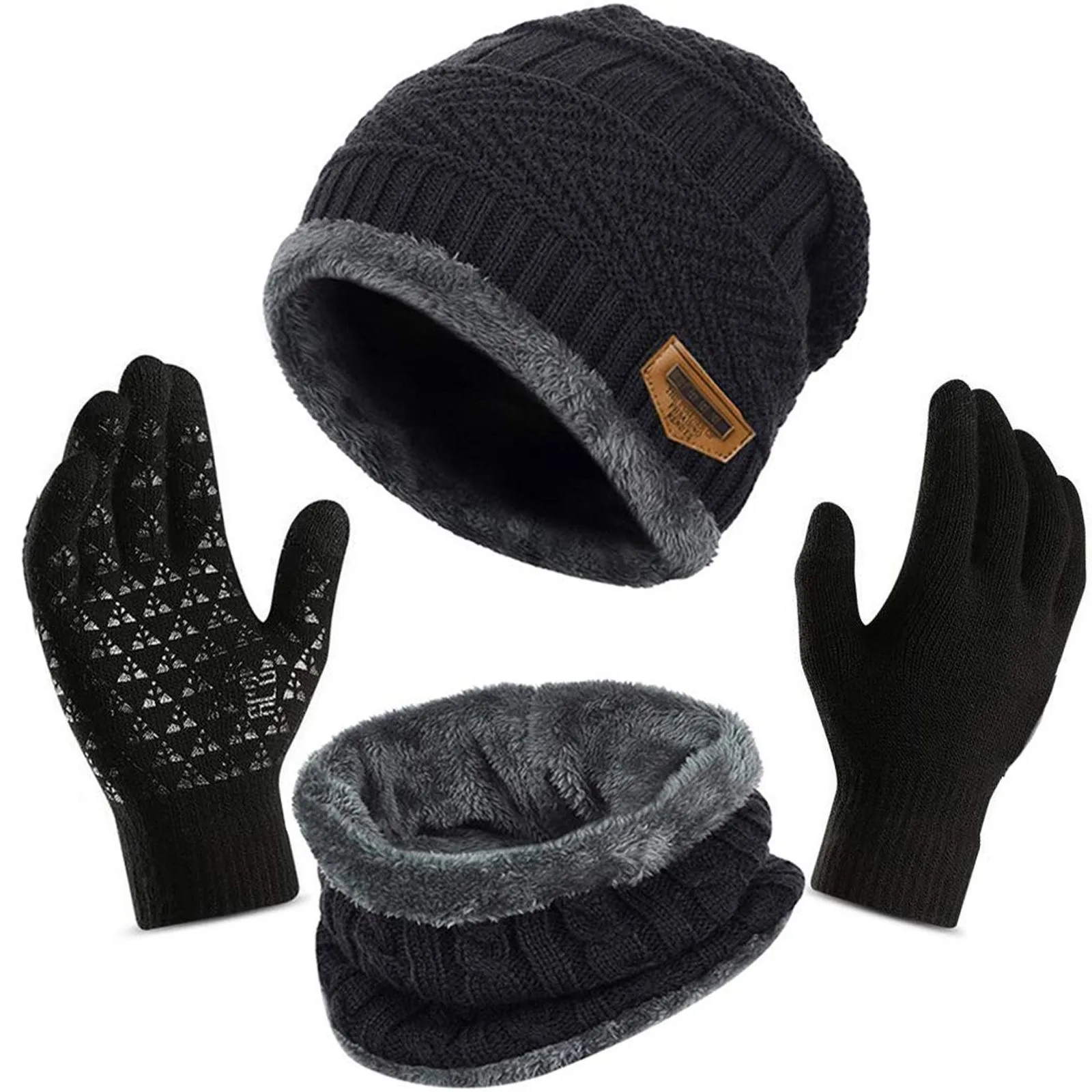 Унисекс Шапки, пръстен, шал, Ръкавици, комплект зимни трикотажни дебели топли женски и мъжки едноцветни ретро шапки за еднократна употреба, меки Ръкавици за сензорен екран Изображение 3
