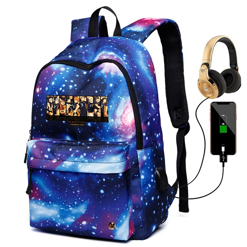 Ученически чанти унисекс за книги Haikyuu, раница с USB-зарядно устройство с 3D принтом в стила аниме, мъжки дамски ежедневни чанта, спортна чанта за юноши на открито Изображение 0