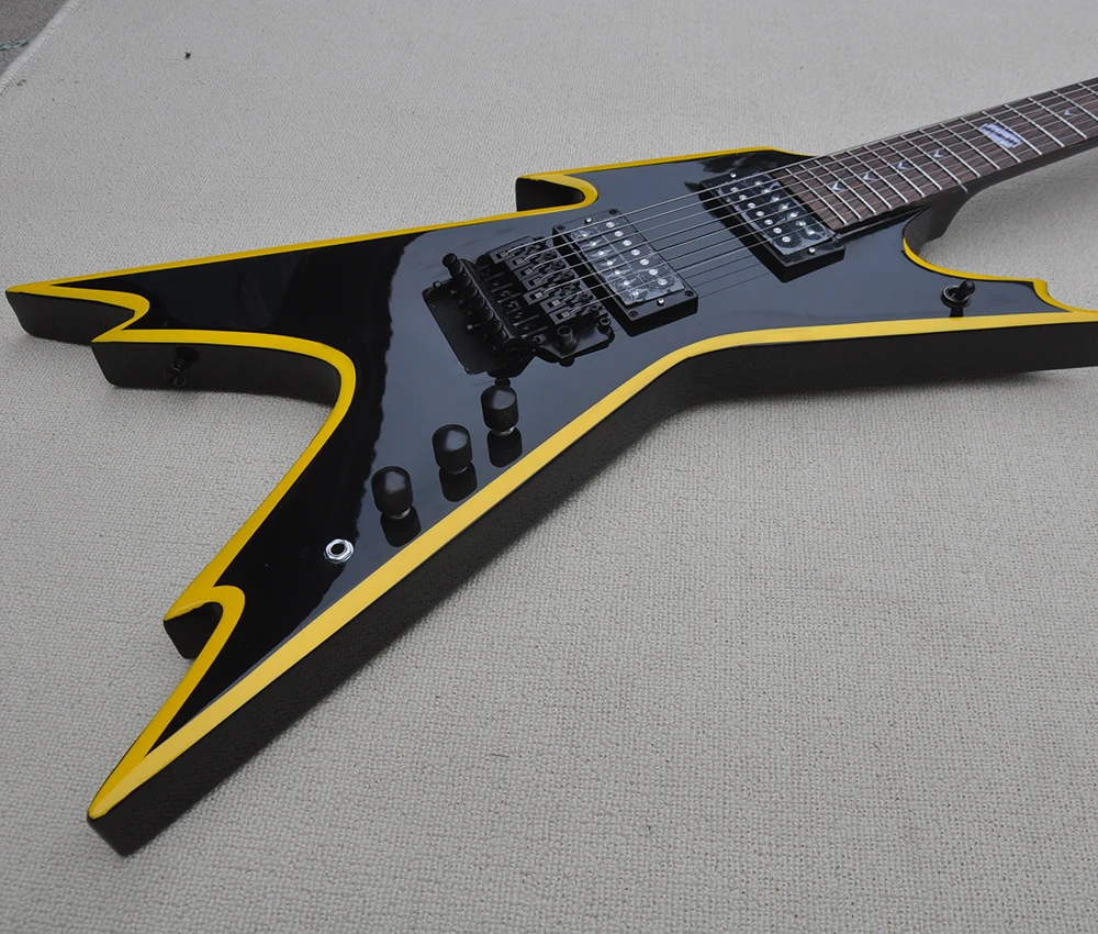 Фабричните продажба на 6-струнна електрическа китара със специална форма, черен корпус пиано с жълти краища, лешояд цвят клен, можете да настроите по поръчка. Изображение 2