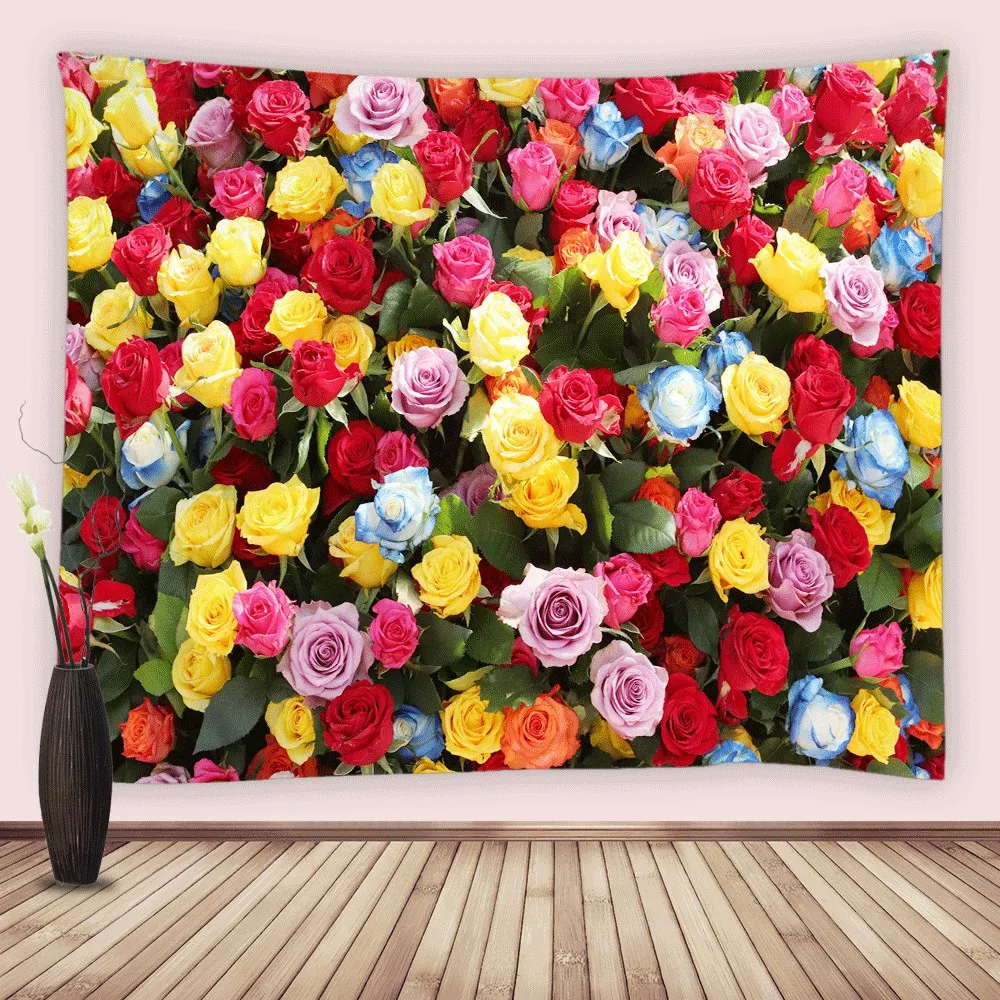 Цветни Розови Цветя, Гоблени, Окачена на стената, червено, жълто, синьо пролетно-Зелени Листа, Тъкани гоблени, Интериор за спални в Общежитието Изображение 0