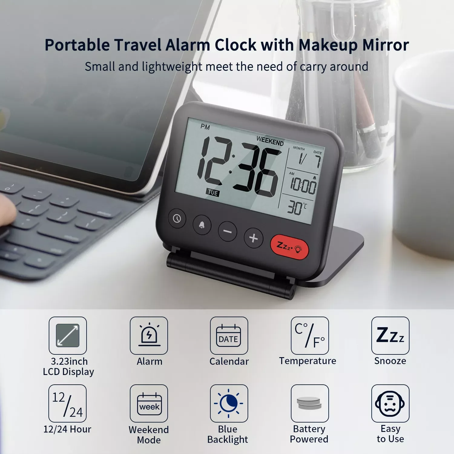 Цифров пътен часовник с аларма, творчески Мини Преносим LCD сгъваем, alarm clock, преносими огледало, температурен режим, snooze грим, бюро-в спалнята Изображение 0