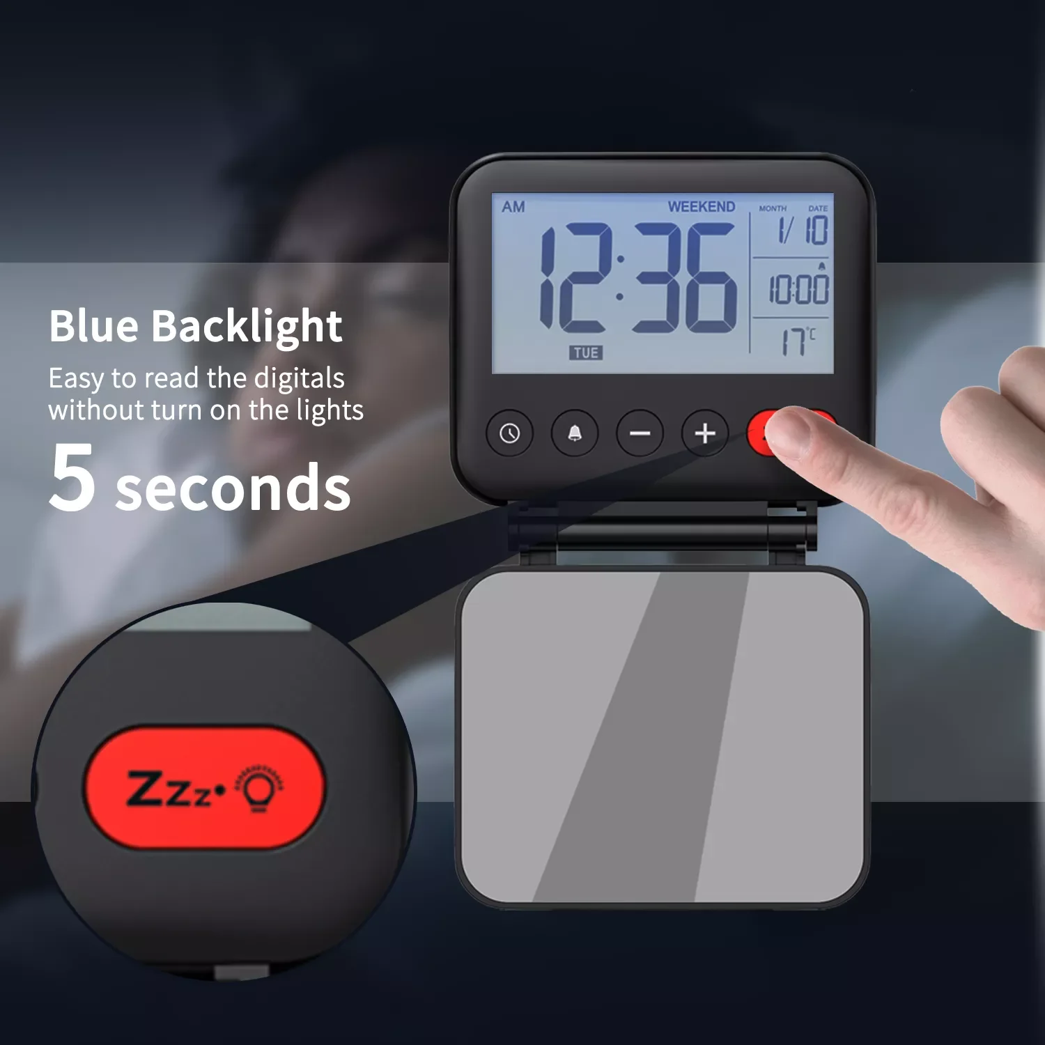 Цифров пътен часовник с аларма, творчески Мини Преносим LCD сгъваем, alarm clock, преносими огледало, температурен режим, snooze грим, бюро-в спалнята Изображение 2