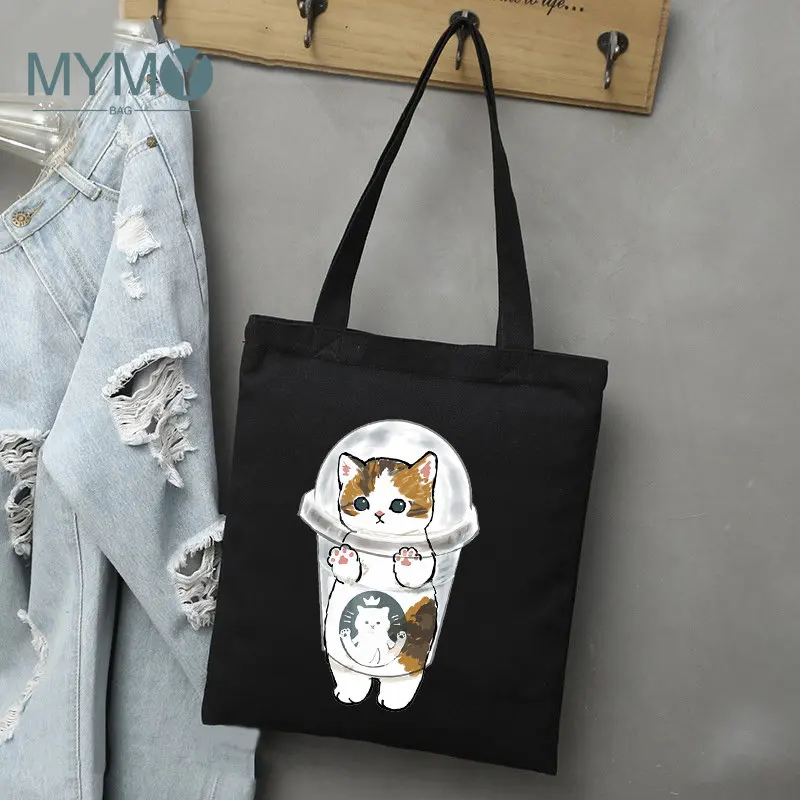 Чанта през рамо с забавен принтом котка, торби за многократна употреба-тоут за жени, модни ежедневни чанти за пазаруване, холщовые еко-торбички за хранителни стоки, Адаптивни Изображение 2