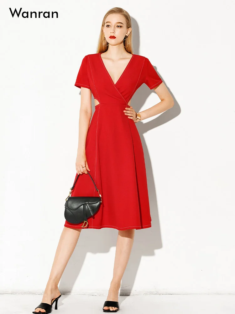 Червено темпераментное секси дълга рокля с отворен талия и V-образно деколте, приталенное рокля със средна дължина, женски лятото 2023, новост Изображение 0