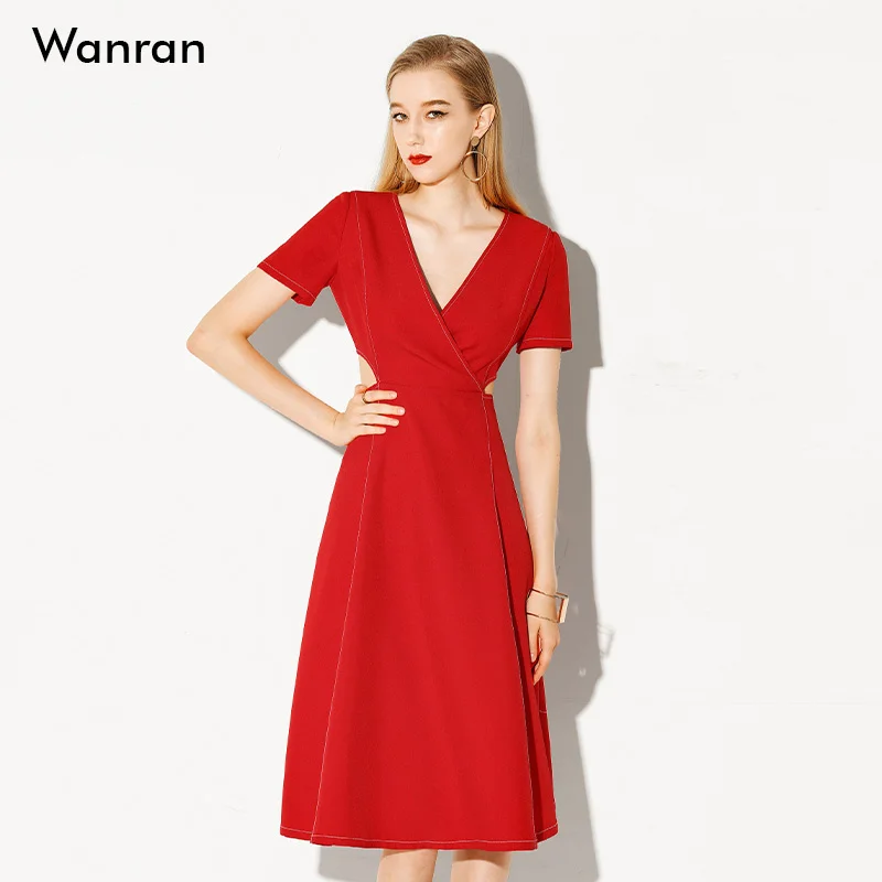 Червено темпераментное секси дълга рокля с отворен талия и V-образно деколте, приталенное рокля със средна дължина, женски лятото 2023, новост Изображение 1