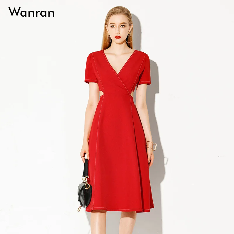Червено темпераментное секси дълга рокля с отворен талия и V-образно деколте, приталенное рокля със средна дължина, женски лятото 2023, новост Изображение 2