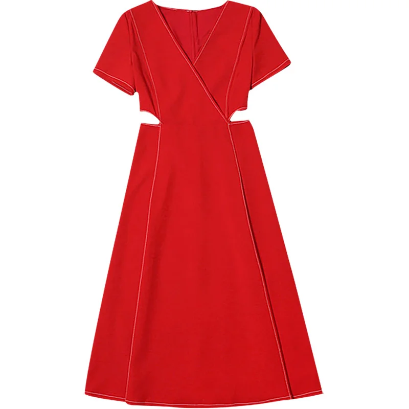 Червено темпераментное секси дълга рокля с отворен талия и V-образно деколте, приталенное рокля със средна дължина, женски лятото 2023, новост Изображение 4