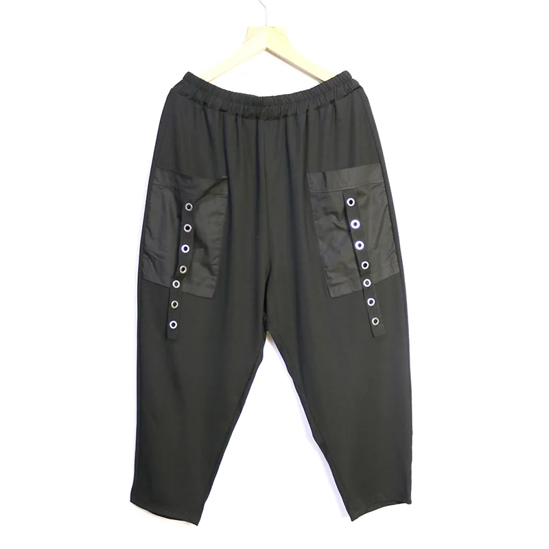 Черни зреещи с еластична гумена лента в стил хип-хоп, панталони с дължина до прасците с нитове и джоб Изображение 2