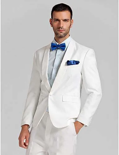 Яка-шал, Бели, мъжки костюми на една пуговице, Модни смокинги Custome Homme, Официален сватбен сако (Яке + Панталон + папийонка + Носни кърпички) Изображение 0