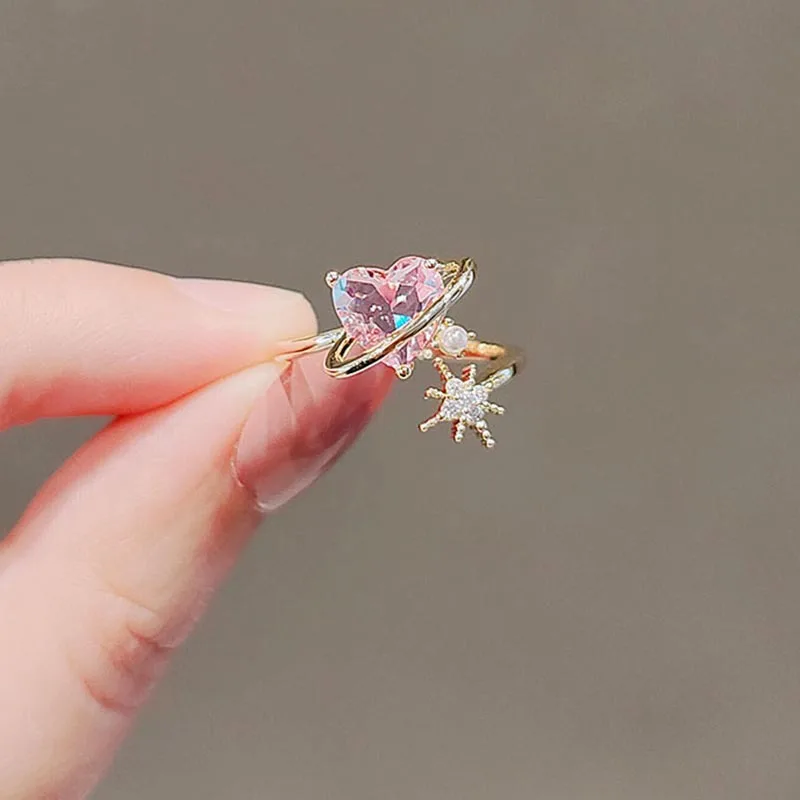 Японското нежно и сладко пръстен с розов цирконием за влюбени, дамско елегантно лесно луксозно отворен пръстен за сладко момиче е в ниша Изображение 0