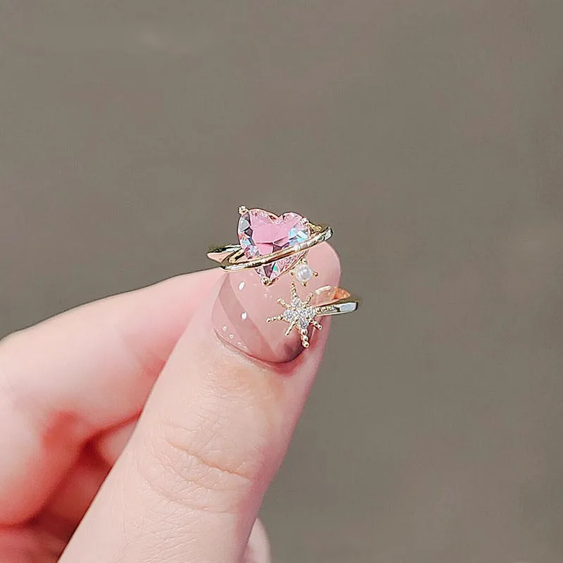 Японското нежно и сладко пръстен с розов цирконием за влюбени, дамско елегантно лесно луксозно отворен пръстен за сладко момиче е в ниша Изображение 1