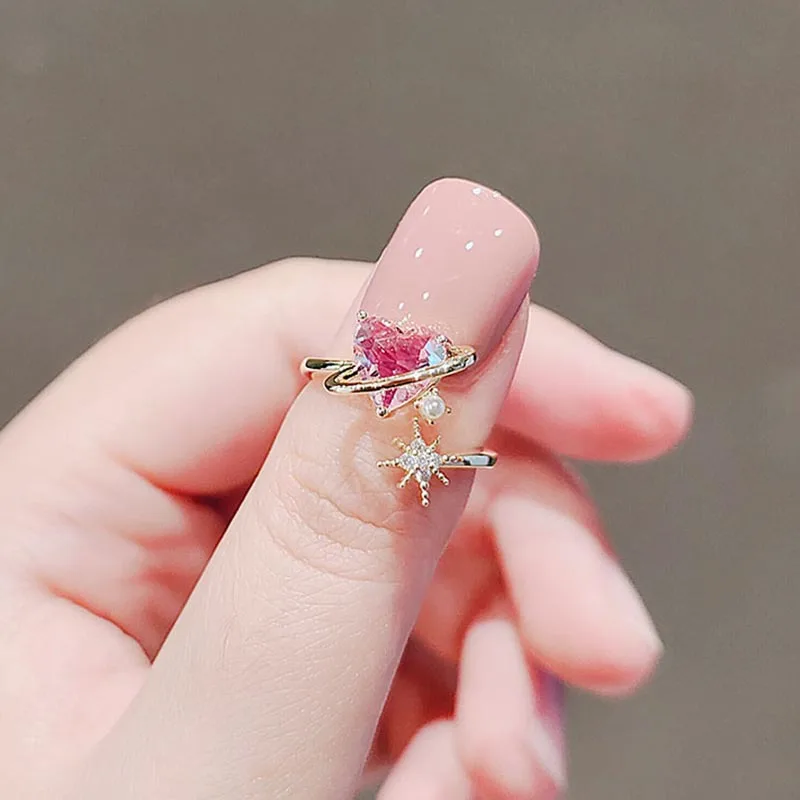 Японското нежно и сладко пръстен с розов цирконием за влюбени, дамско елегантно лесно луксозно отворен пръстен за сладко момиче е в ниша Изображение 3
